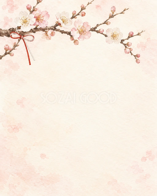 梅の花・頭上の枝と水引の縦長背景・縦長の背景