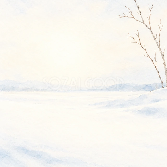 白い雪景色・右上の飾りと柔らかな光・正方形の背景