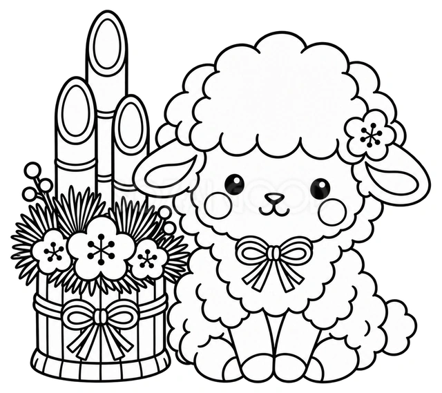線画の羊と門松