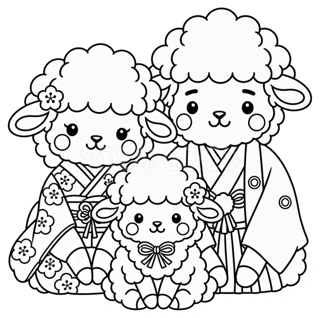 線画の羊家族3匹