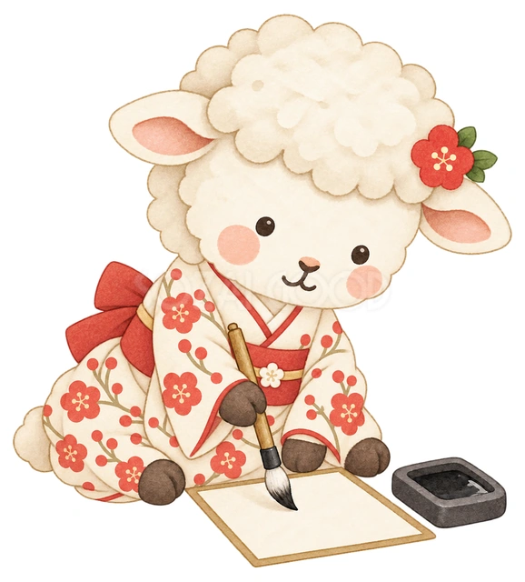 書き初めをする羊