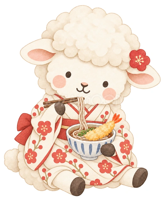 年越しそばを食べる羊