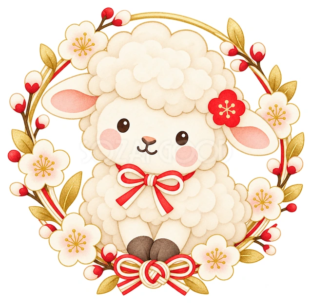 白梅の丸飾りと羊