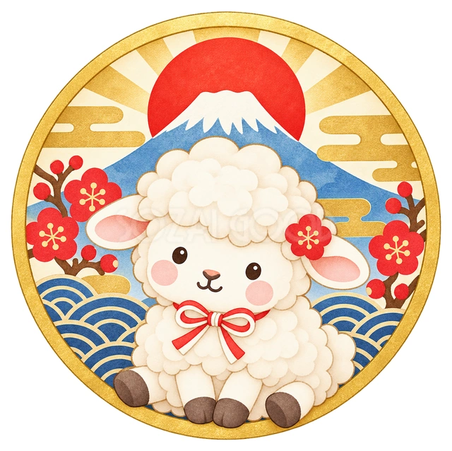 富士山の丸飾りと羊