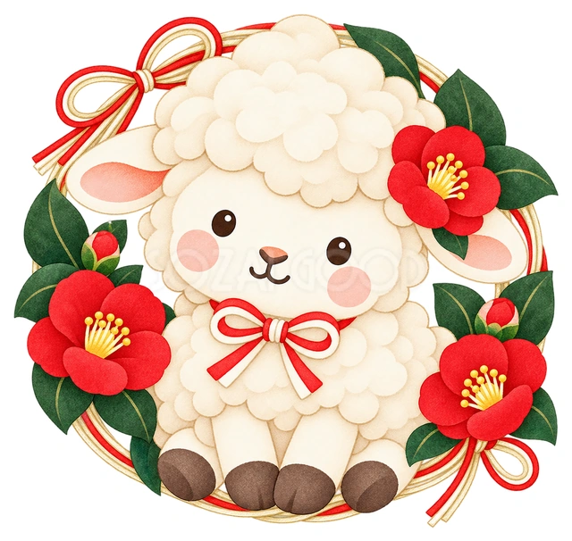 椿の丸飾りと羊
