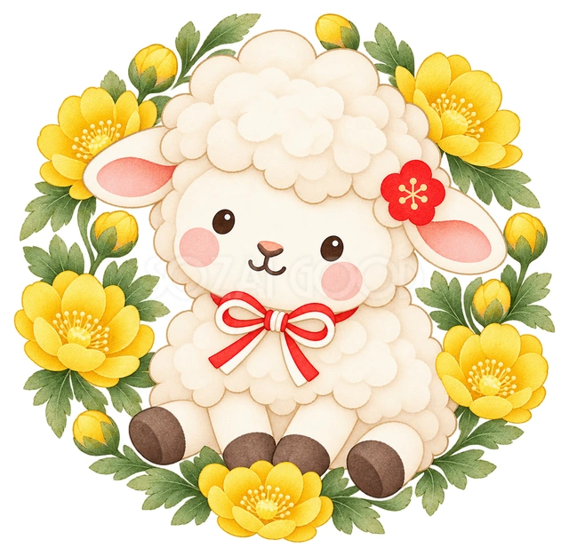 福寿草の丸飾りと羊