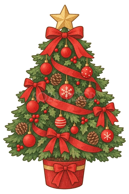 赤い飾りのクリスマスツリーの水彩イラスト