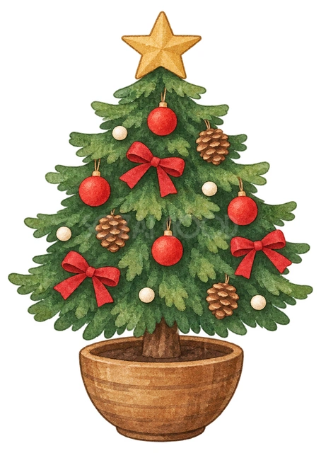 木製鉢の小さなクリスマスツリーの水彩イラスト