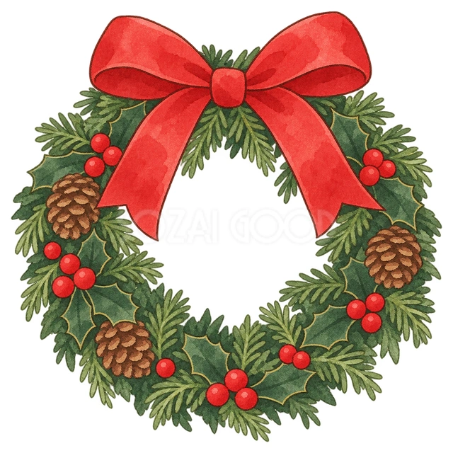 赤いリボンのクリスマスリースの水彩イラスト