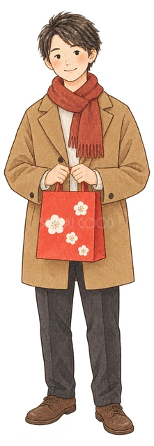 福袋を受け取る客男性の水彩イラスト