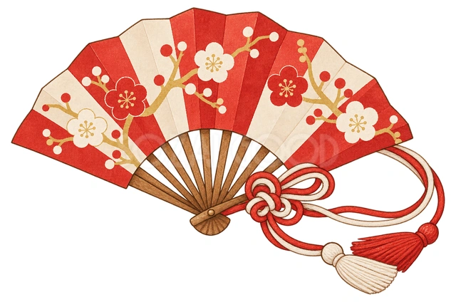 和柄の扇と紅白の紐の水彩イラスト