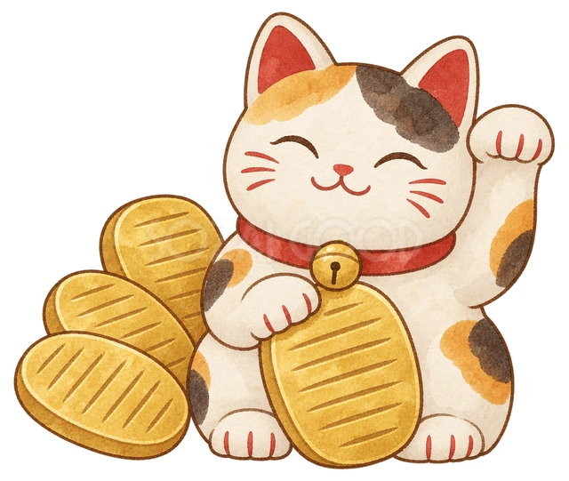 小判と招き猫の水彩イラスト