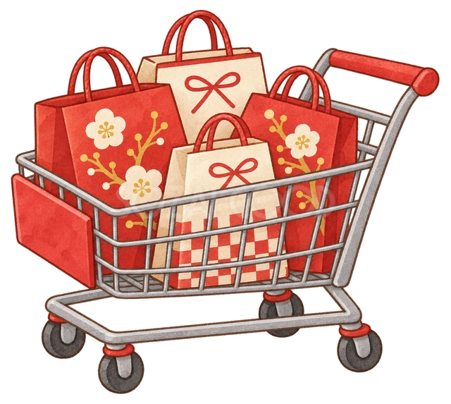 買い物カートと福袋の水彩イラスト