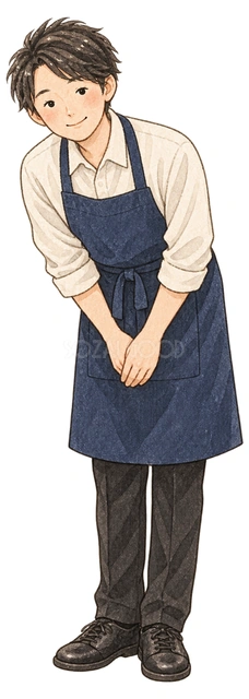 笑顔でお辞儀する店員男性の水彩イラスト