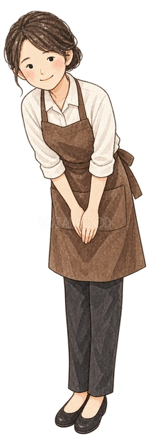 笑顔でお辞儀する店員女性の水彩イラスト