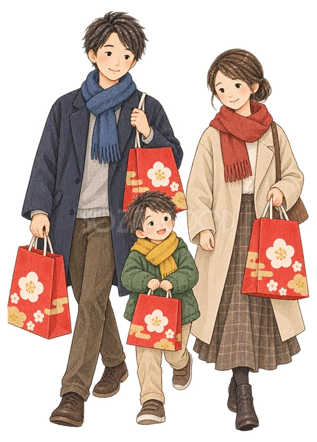 家族三人が福袋を持って帰るの水彩イラスト