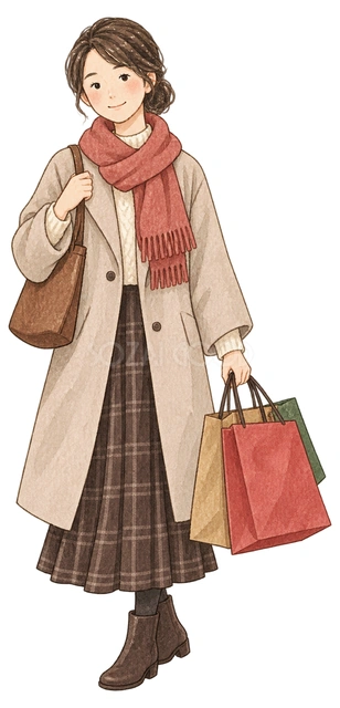 買い物袋を持つ女性の水彩イラスト