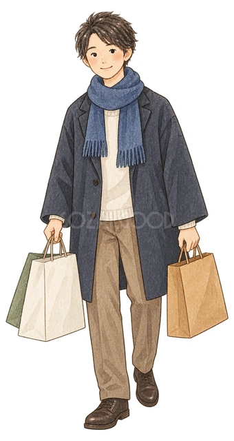 買い物袋を持つ男性の水彩イラスト