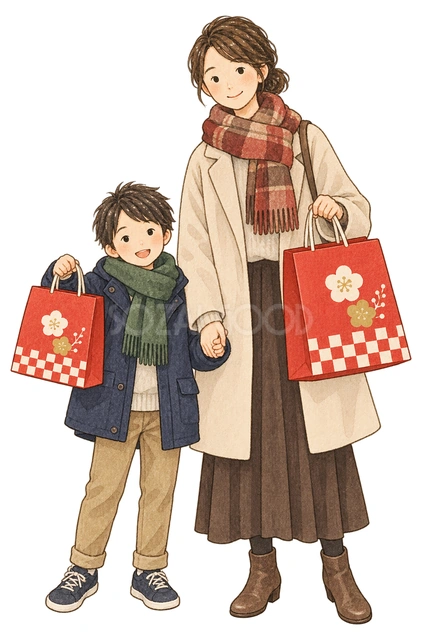 福袋を持つ親子二人の水彩イラスト