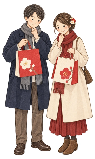 福袋を選ぶ夫婦二人の水彩イラスト