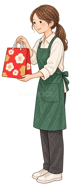 福袋を渡す店員女性の水彩イラスト