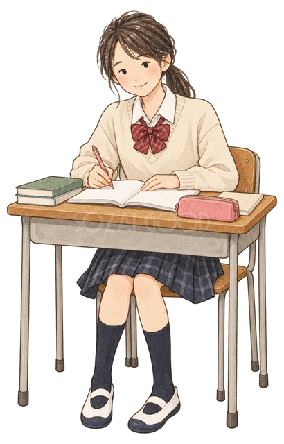 机で勉強する女子学生の水彩イラスト