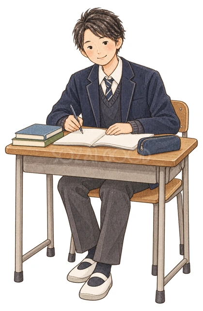 机で勉強する男子学生の水彩イラスト
