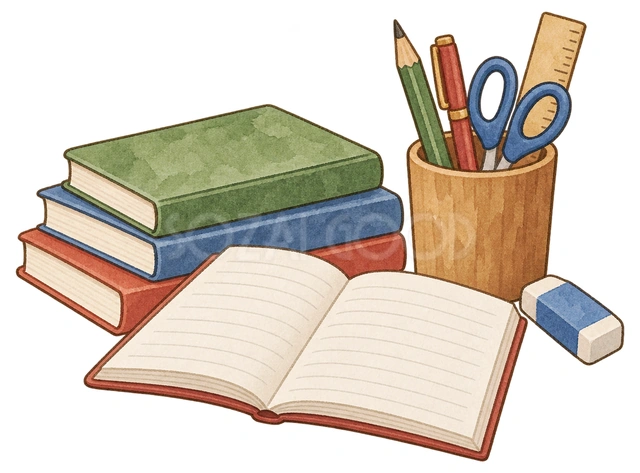机の上の勉強道具の水彩イラスト