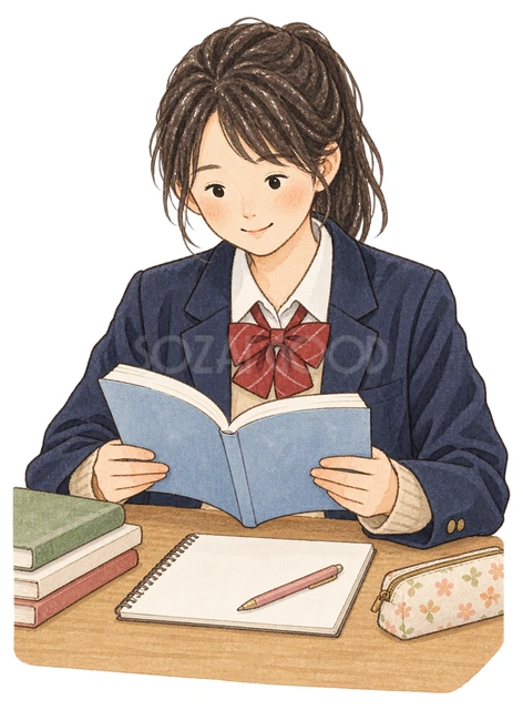 参考書を読む女子学生の水彩イラスト