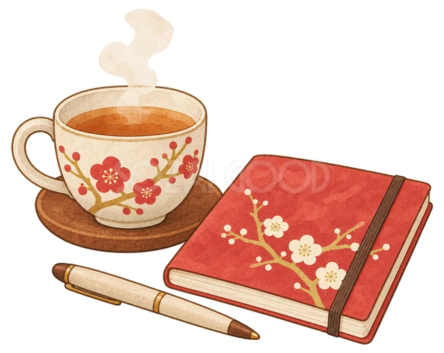 温かい飲み物とノートの水彩イラスト