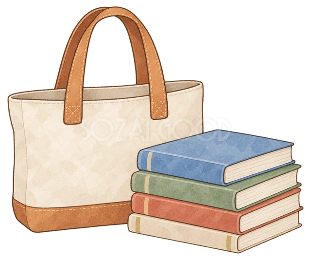 無地の鞄と参考書の水彩イラスト