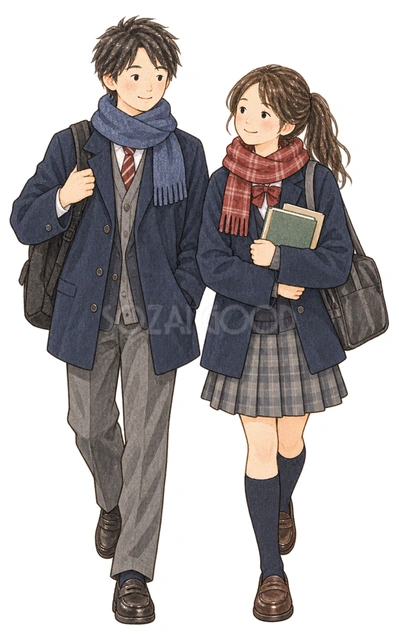 学校へ向かう学生二人の水彩イラスト