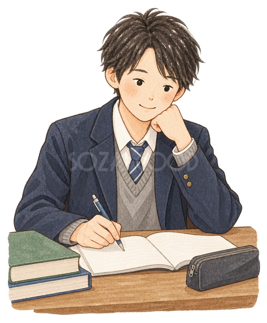問題を解く男子学生の水彩イラスト