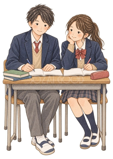 二人で勉強する学生の水彩イラスト
