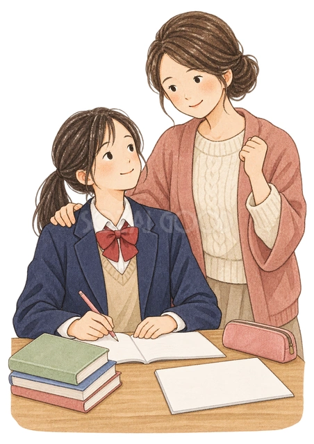 学生を応援する母親と女子学生の二人の水彩イラスト