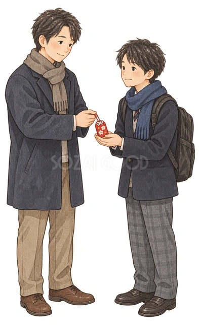学生へお守りを渡す父親と男子学生の二人の水彩イラスト