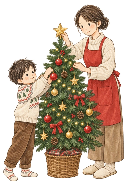 ツリーを飾る母親と子どもの二人の水彩イラスト