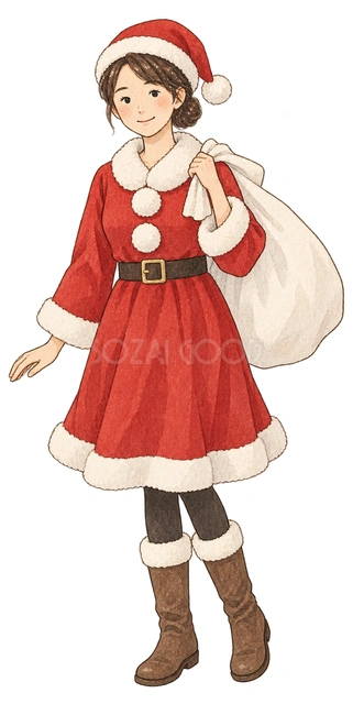 サンタの衣装を着た成人女性の水彩イラスト