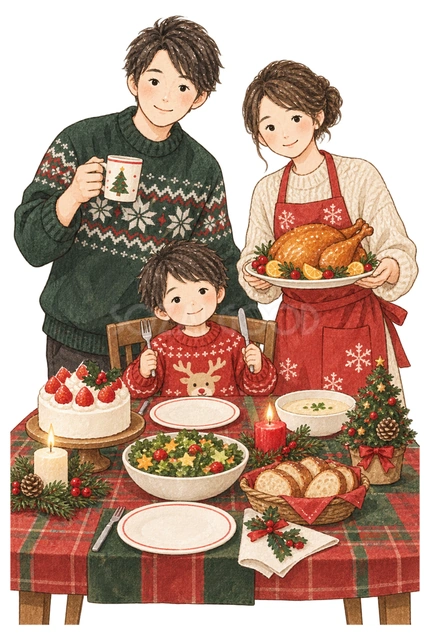 クリスマスの食卓を囲む家族三人の水彩イラスト