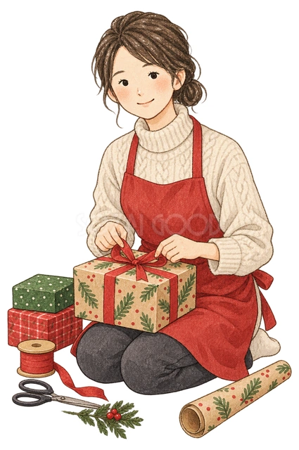 贈り物を包む女性の水彩イラスト