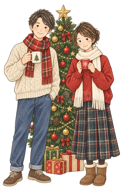 ツリーの前で笑う友人二人の水彩イラスト