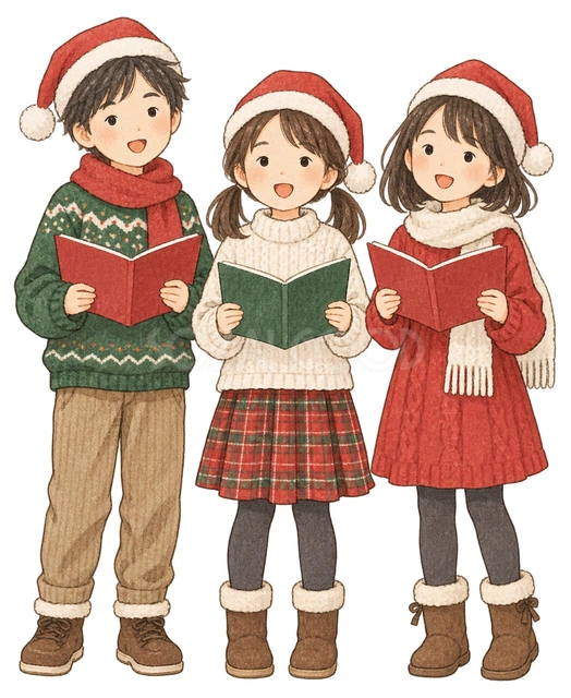 クリスマスの歌を歌う子ども三人の水彩イラスト