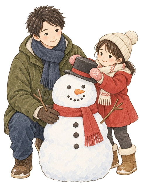 雪だるまを作る親子二人の水彩イラスト