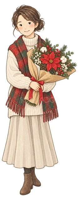 クリスマスの花束を持つ女性の水彩イラスト