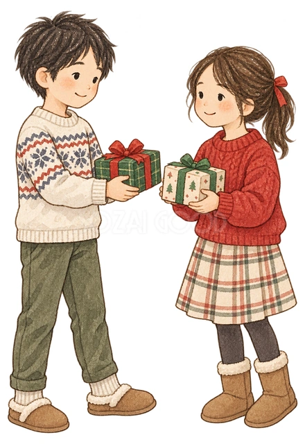 プレゼントを交換する子ども二人の水彩イラスト