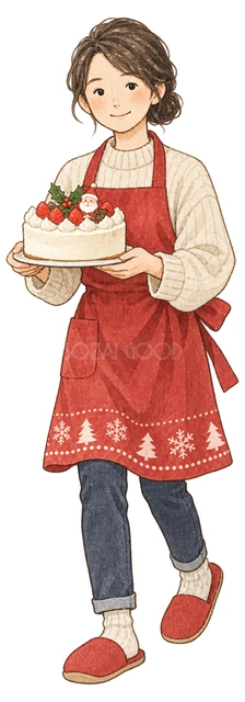 クリスマスケーキを運ぶ女性の水彩イラスト