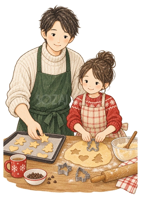 クッキーを作る親子二人の水彩イラスト