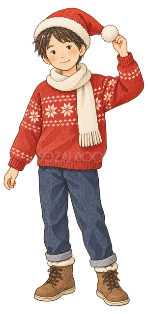 サンタ帽子をかぶった男の子の水彩イラスト