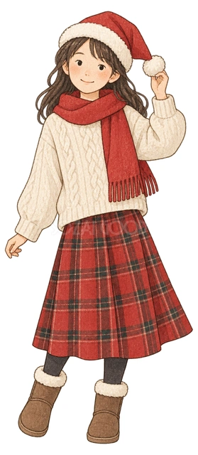 サンタ帽子をかぶった女の子の水彩イラスト