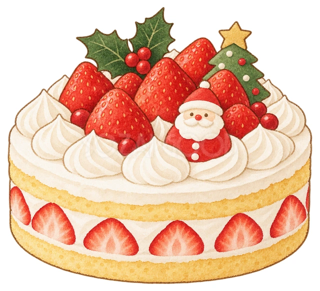 苺のクリスマスケーキの水彩イラスト